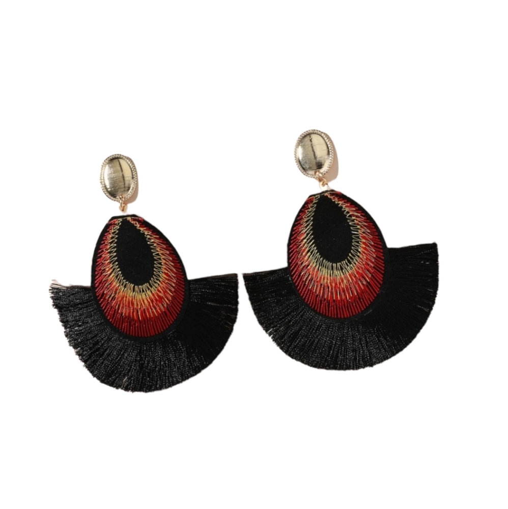 Boho Fan Embroidered Drop Earrings Black Red Gold